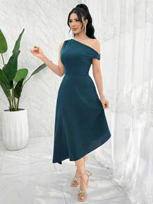 Feyla Đầm nữ thanh lịch màu trơn, vạt bất đối xứng - Màu xanh lam - Xem 3