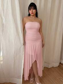 SHEIN CovetEZ Plus Size Asymmetric Hem Ruffle Hem Solid Color Tube Dress, Suitable For Dates And Parties, Spring/Summer Pink Strapless Dress Pink Dress 2000s Dress Sexy Dress - Pink - View 4