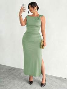 Firerie Plus Size Comfortable Casual Elegant Vacation/Office Commute Sleeveless Dress, Metal Decor Gathered Waist Slim Fit A-Line With Slit, Spring/Summer - Limelight Green - View 6