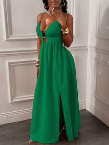 Glyssa Women's Sexy Spaghetti Strap Backless Criss-Cross Front Hollow U-Shaped Buckle Ruched Hem High Slit Dress - Green - View 5