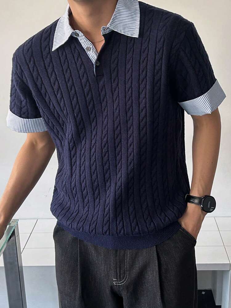 Men's Solid Color Contrast Collar 2 In 1 Knit Top, Navy Blue, Summer