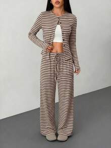 SHEIN PETITE 2pcs Women Casual Striped Front Button Long Sleeve Top And Wide Leg Pants Set, Spring And Summer - Multicolor - View 5