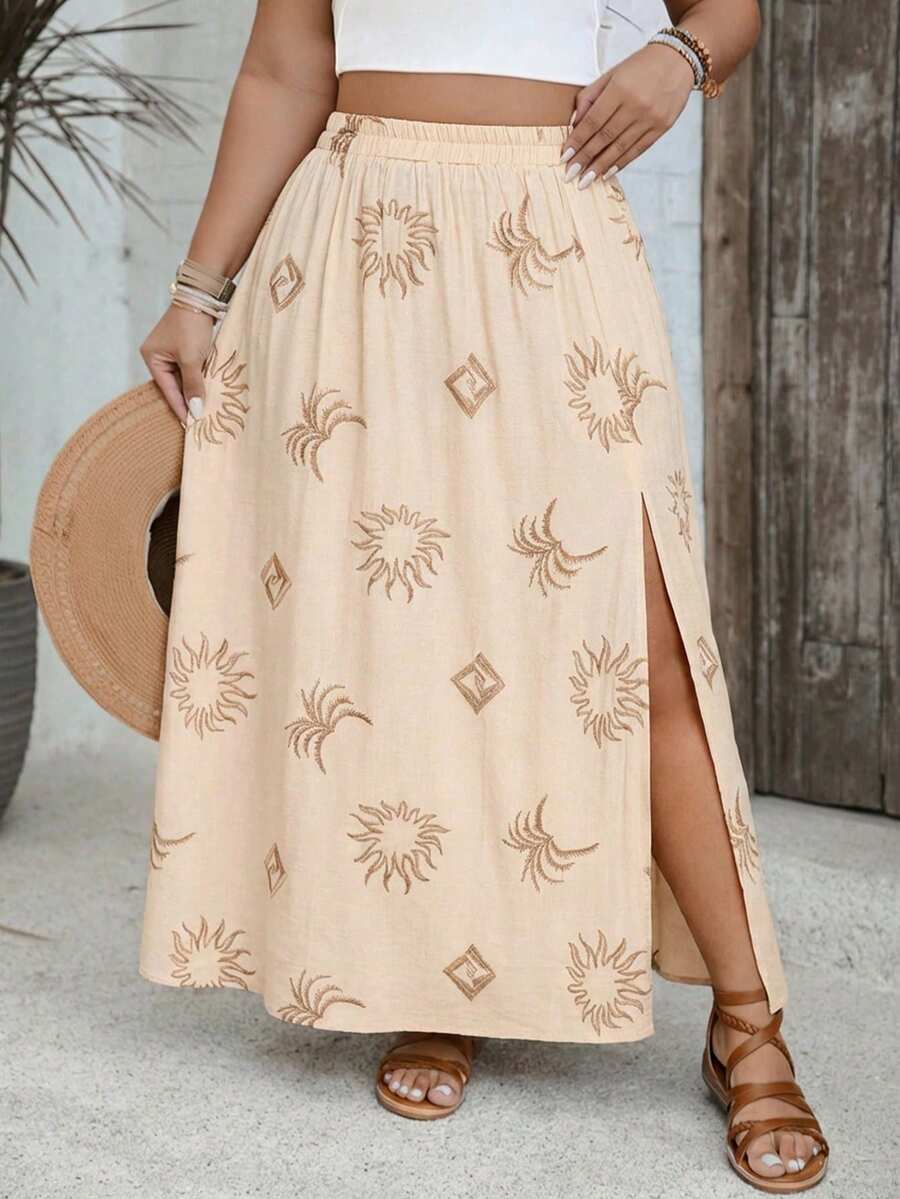 SHEIN VCAY 大码女式纯色弹力腰侧开衩仿刺绣度假休闲复古半身裙，夏季