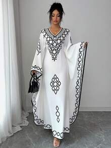 Elenzga Latest Spring & Summer V-Neck Loose Batwing Sleeve Long Dress, Black & White Fashionable Design Sense Dress For Women - Black and White - View 4