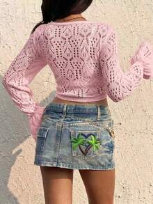 EgrlEra Áo len nữ tối giản, màu trắng, tay dài, cổ chữ V, thắt nơ, dệt rỗng, thích hợp cho mùa thu. - Hồng - Xem 2