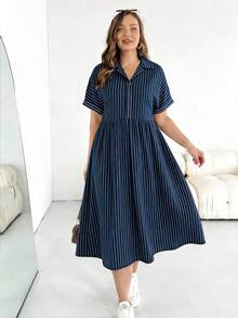 SHEIN Essnce Đầm ngắn tay dáng rộng in sọc xanh trắng dành cho nữ, thích hợp cho mùa xuân và mùa hè. - Nhiều màu - Xem 4