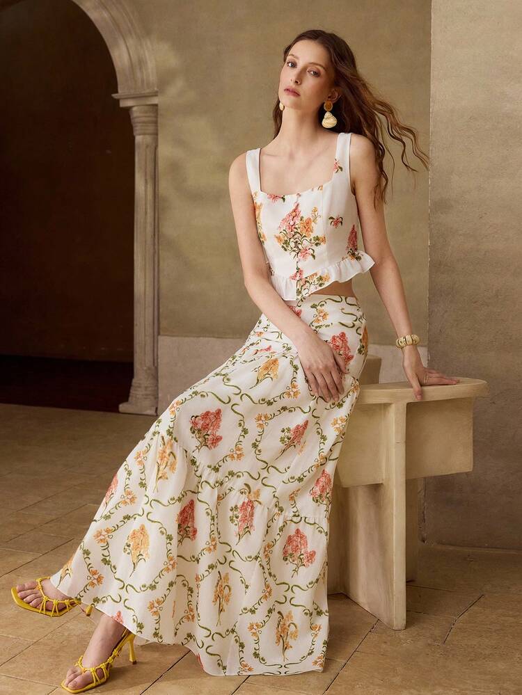 WOMEN'S FLORAL PRINT RUFFLE HEM CROP TANK TOP AND TIERED SKIRT SET, VACATION OUTFIT