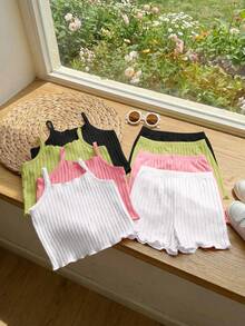 SHEIN 4套少女夏季简约糖果色罗纹吊带背心和短裤 - 彩色 - 查看 4