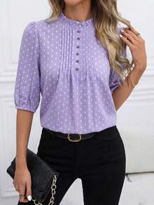 SHEIN Glamour 中年女性春夏雪纺衬衫，七分袖休闲衬衫，适合中老年女性 - 紫色 - 查看 3