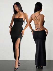 SHEIN PETITE Đầm midi nữ thanh lịch hở lưng, thắt eo, xẻ tà - màu đen - Xem 2
