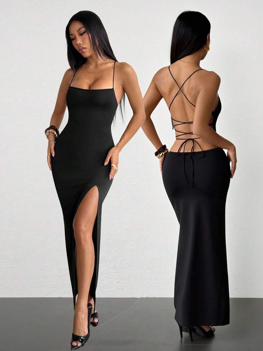 SHEIN PETITE Đầm midi nữ thanh lịch hở lưng, thắt eo, xẻ tà
