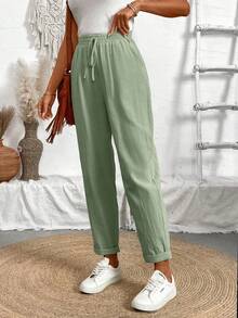 EMERY ROSE Solid Color Front Tie Simple Style Long Pants, Casual Daily Wear - Mint Green - View 5
