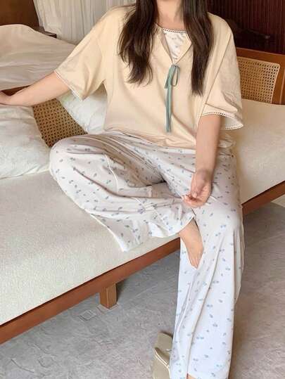 Dazy Plus 2件套加大码女士碎花两合一系领蝴蝶结睡衣套装，春夏款