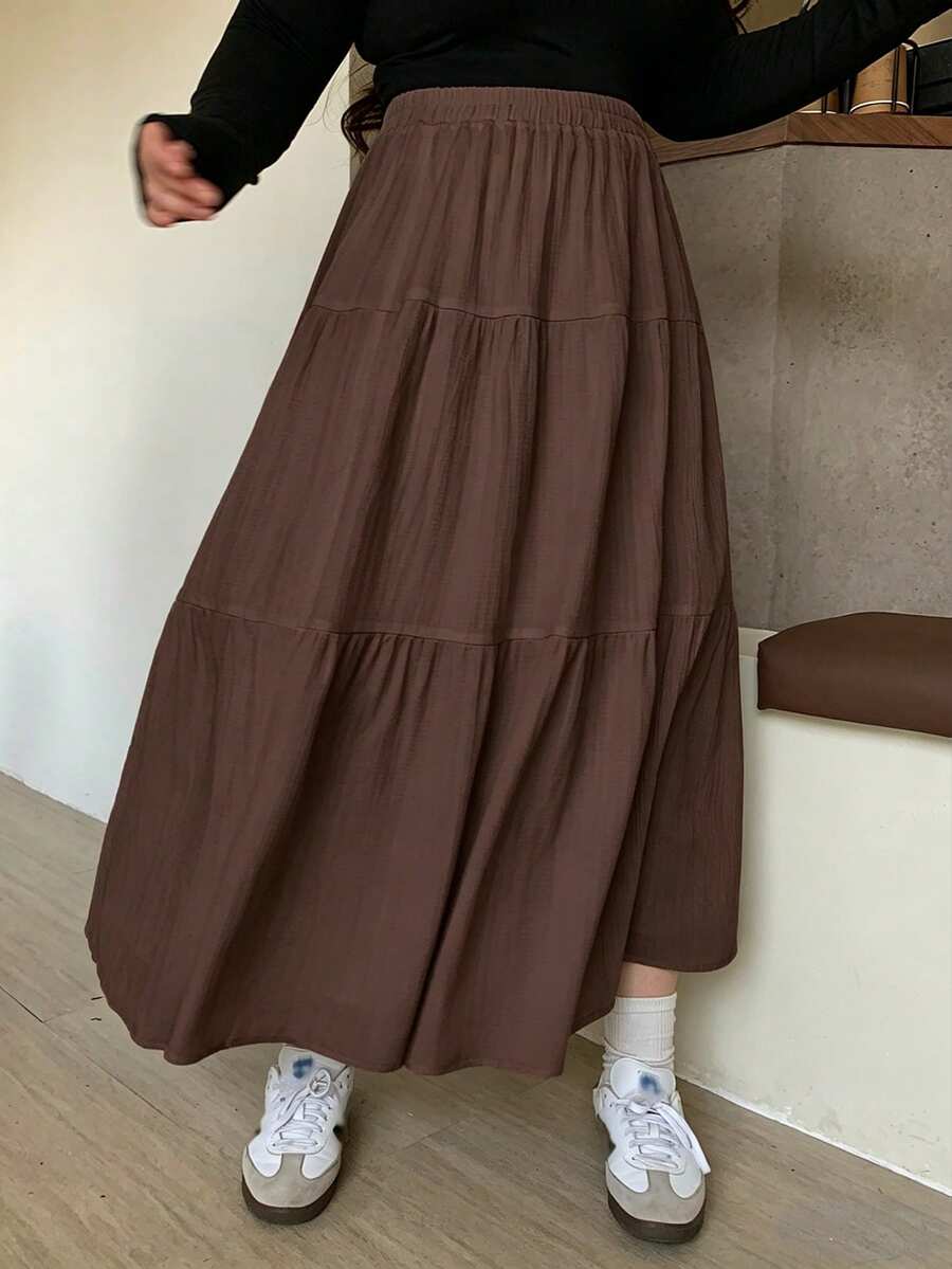 Dazy Plus Elastic Waist Patchwork A-Line Skirt, White, Spring/Summer - Brown - View 1