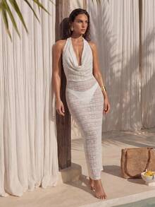 SHEIN Swim 26SS 春夏度假沙滩米色提花蕾丝优雅性感深V领连衣裙及罩衫 - 米色 - 查看 5