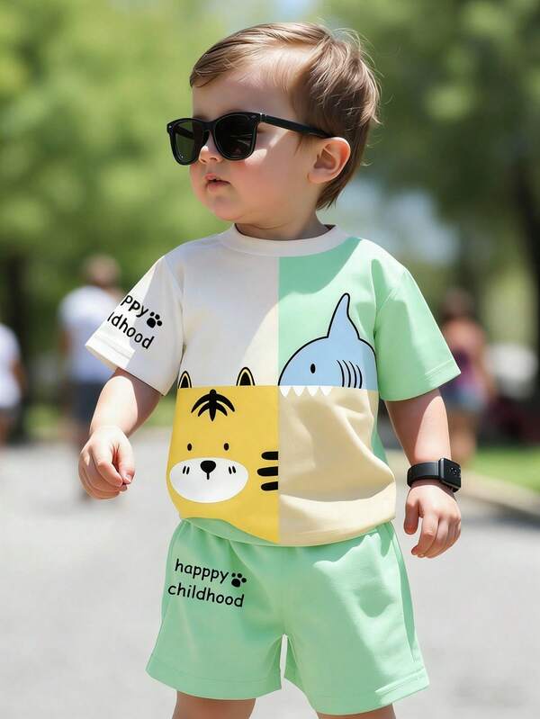 Baby Boys Cute Cartoon Animal Print Colorblock Round Neck T-Shirt And Printed Shorts Set, Suitable For Summer