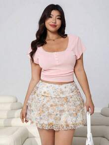 Solflare Falda casual de cintura alta con estampado floral para mujer de talla grande, primavera/verano - amarillo ganso - Ver 3