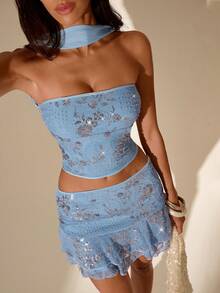 SHEIN Glamour Conjunto de 2 piezas de falda mini con cuello halter sin espalda y sin mangas en color azul con brillo, conjunto de elegancia elevada, conjunto de fiesta de graduación, conjunto de atuendos de rave/festival, conjunto de ropa urbana, conjunto de concierto, conjunto de cita nocturna, conjunto de cumpleaños de mujer, conjunto de otoño e invierno, imprescindible para fiestas, conjunto de Año Nuevo, conjunto de fiesta de boda - Azul - Ver 4