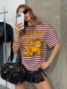 GARFIELD | SHEIN Áo thun nữ tay ngắn cổ tròn in hình hoạt hình và sọc - trắng - Xem 1