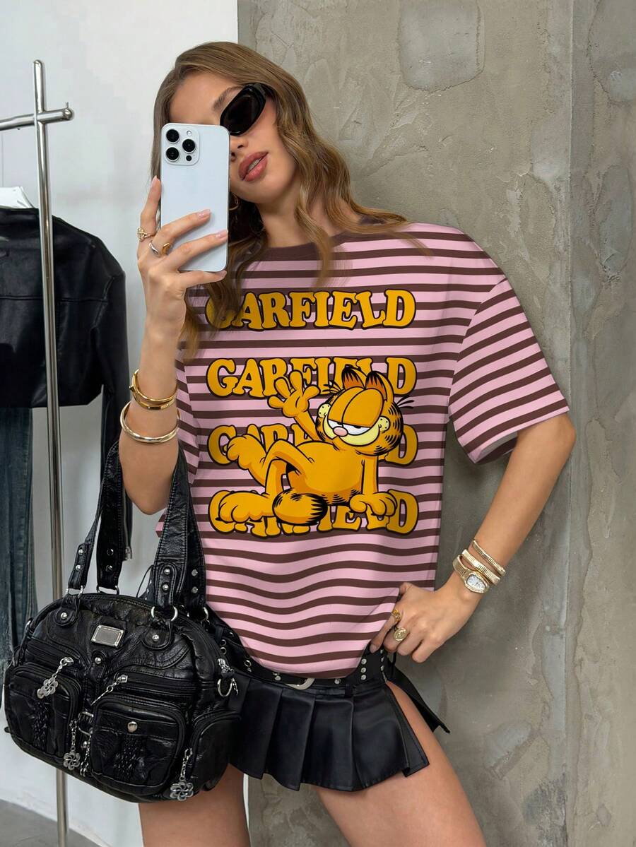 GARFIELD | SHEIN Áo thun nữ tay ngắn cổ tròn in hình hoạt hình và sọc - trắng - Xem 1