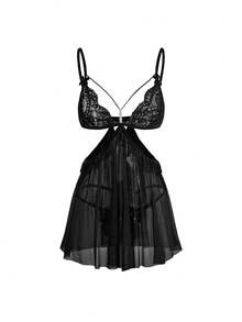 ROMWE Women's Gothic Sexy Sheer Lace Nightgown And Thong Set - Black - View 1