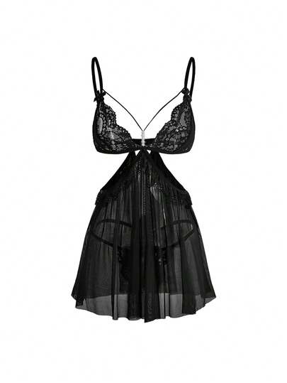 ROMWE Women's Gothic Sexy Sheer Lace Nightgown And Thong Set