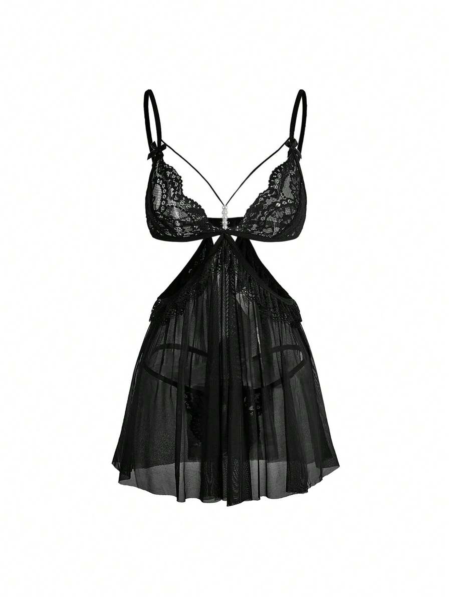 ROMWE Women's Gothic Sexy Sheer Lace Nightgown And Thong Set - Black - View 1