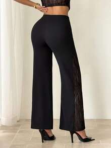 SHEIN PETITE Pantalones negros de punto de mujer con entretejido geométrico de encaje ancho - Negro - Ver 2
