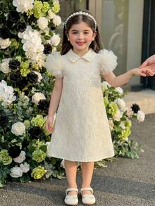 Elladie kids 1 pieza Vestido suelto de verano para niñas con cuello, mangas acampanadas, diseño de malla, silueta recta, sencillo pero elegante y con estilo de princesa - Albaricoque - Ver 9