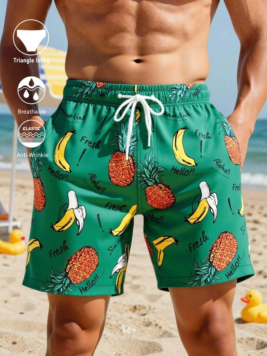 Manfinity Swimmode Men's Pineapple & Banana Print Drawstring Waist Pocket Beach Shorts - Green - View 1