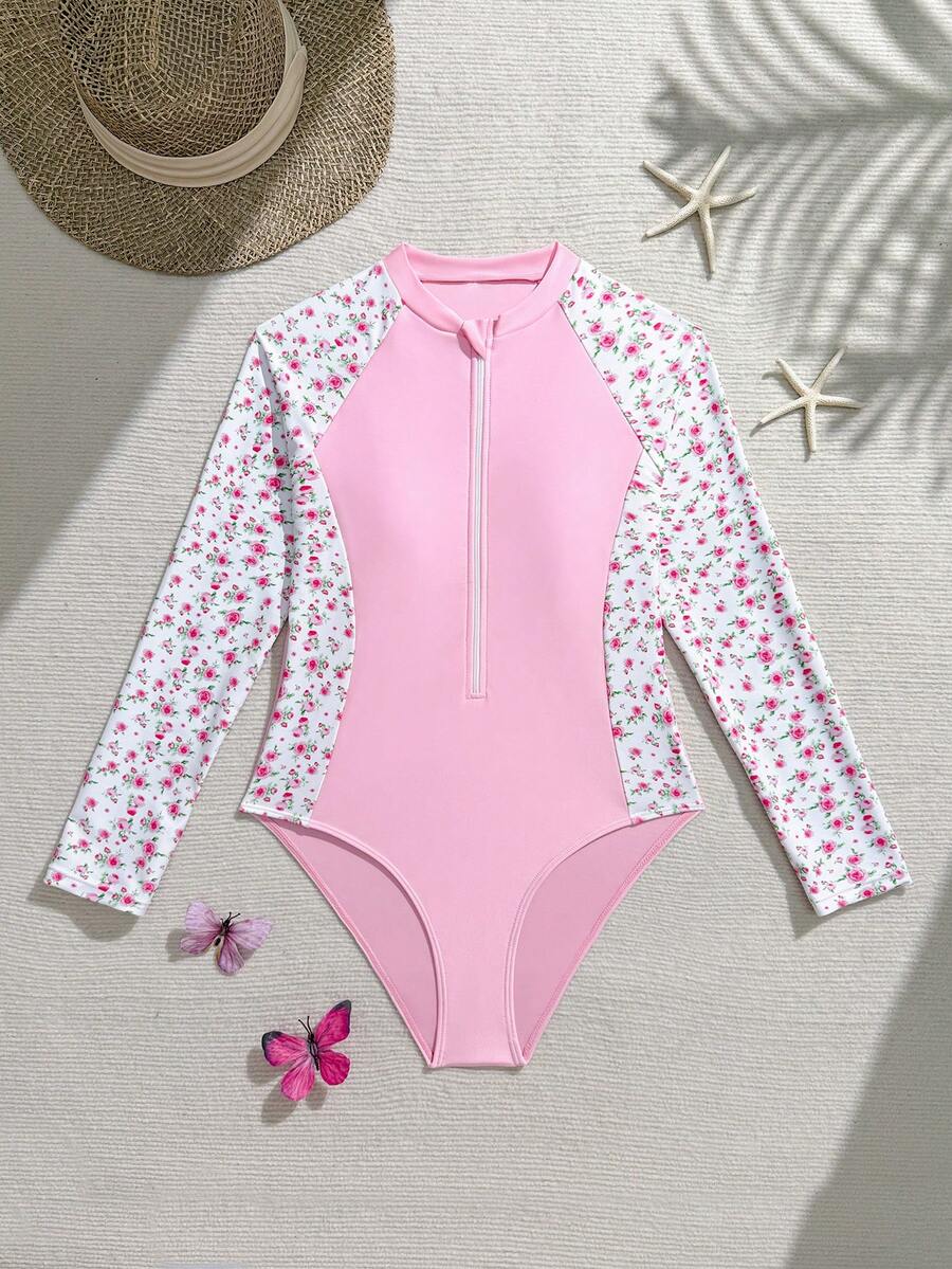 SHEIN 女童长袖印花连体泳衣,适合水疗中心、度假村和海滩穿着。 - 彩色 - 查看 1
