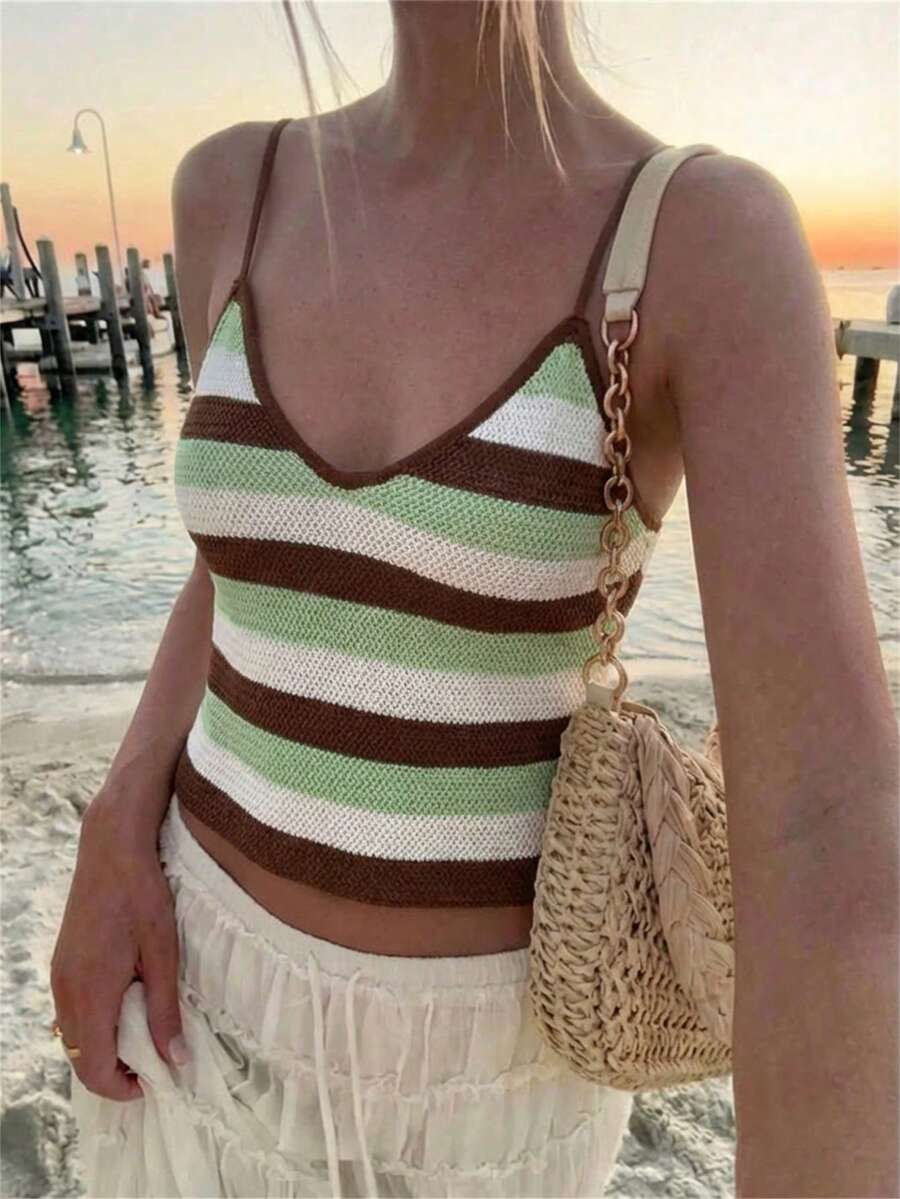 Aloruh 女士优雅V领露背条纹针织吊带背心，适合海滩度假、夏季穿着，是女士夏季、海滩、外出等场合的理想之选。这款优雅的女士上衣，尽显复古韵味，是女士背心、女士上衣和夏季吊带衫的完美搭配。