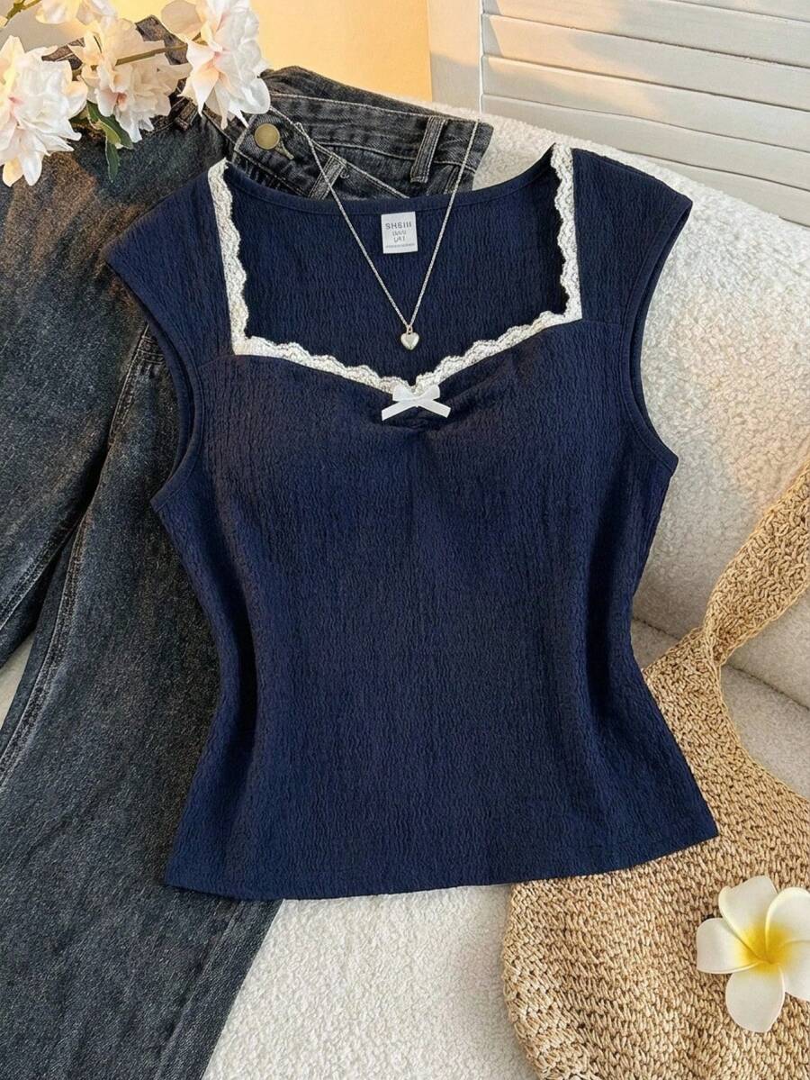 Pre-Teen Girls' Sweet Navy Blue And White Square Neck Sleeveless Top,Summer Elegant Formal Pleated Fabric Blouse With Lace Trim & White Bow Decor - Royal Blue - View 1