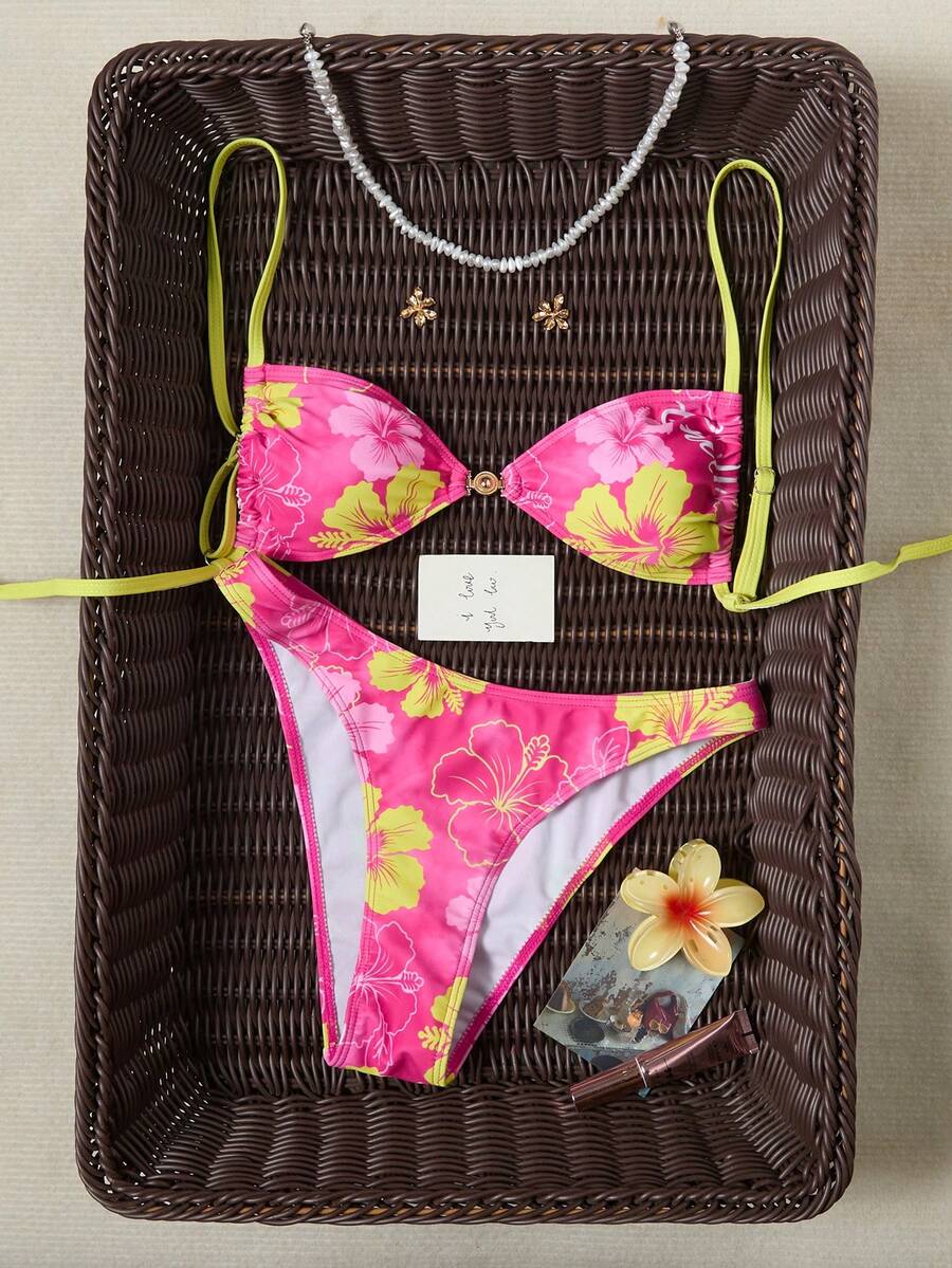 Swim Mod Bikini de dos piezas con estampado floral rosa, tirantes finos y copas triangulares, para vacaciones y fiestas en la playa - Multicolor - Ver 1