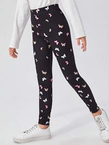 SHEIN Tween Girl All-Match Versatile Fitted Butterfly Print Leggings, Suitable For All Seasons Yoga - Black - View 4