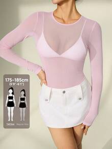 SHEIN Tall See Through Mesh Bodysuit Without Lingerie - Pink - View 1