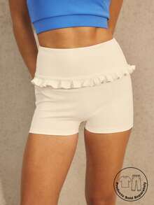 Aralina Conjuntos de Verão Fofos com Cintura Alta, Babados e Ajuste Justo para Mulheres, Roupas de Praia e Férias, Shorts Femininos - Branco - Visão 2