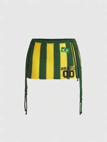 ROMWE Women World Cup Brazil Festa Junina Jersey Colorblock Stripe Fringe Embroidered Design Crochet Mini Knit Skirt - Multicolor - View 1