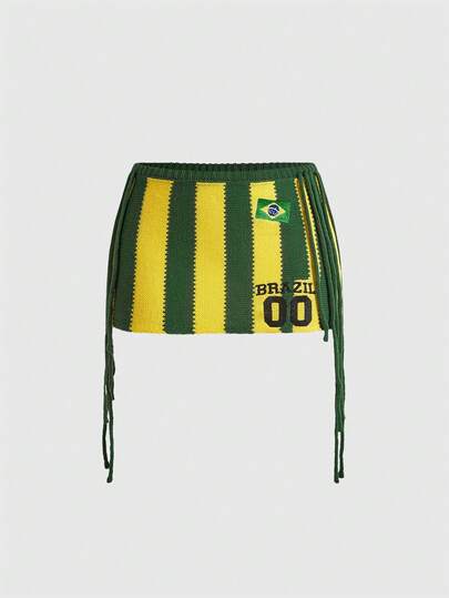 ROMWE 巴西世界杯球衣设计撞色黄绿刺绣针织裙