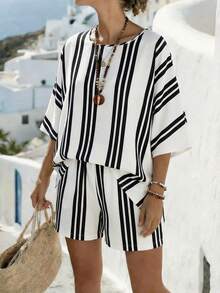 SHEIN Holidaya Bộ đồ nữ cổ tròn kẻ sọc phối nhiều mảnh gồm áo và quần short, kiểu dáng thường ngày. - Nhiều màu - Xem 1
