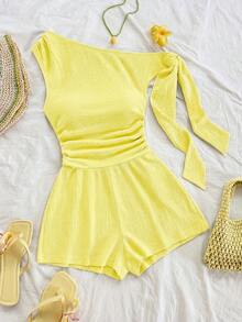 Soleia Sexy Asymmetric-Shoulder Tie Strap Flowy Jumpsuit In Light Yellow, Suitable For Party, Vacation, Music Festival, Boho, Holiday, Afternoon Tea Date - Pale Yellow - View 1