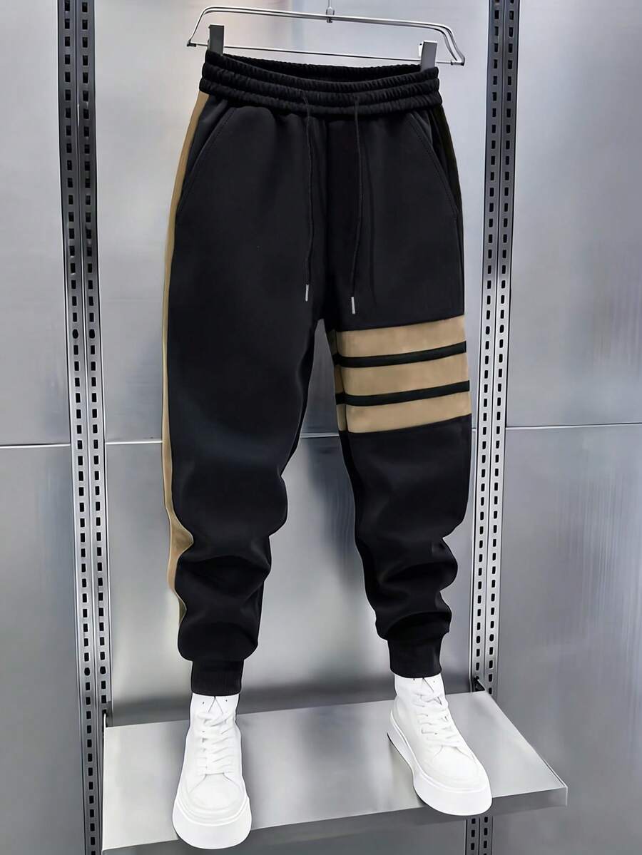 Manfinity Dauomo 男士抽绳撞色条纹慢跑裤,摄影师和男士街头服饰必备单品 - 彩色 - 查看 1