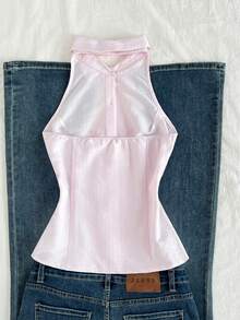 Sweetra 女士春夏新款中国风纽扣无袖休闲衬衫，带吊带 - 粉色 - 查看 2