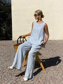 DAZY Women's Round Neck Sleeveless Top With Twist Back Design And Wide Leg Pants, Vacation Style 2 Pieces Set Summer - Blue - View 4