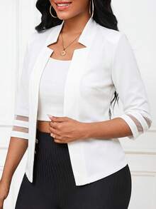 SHEIN Lady Women's Casual, Office, Commuting Mesh Patchwork 3/4 Sleeve Lightweight Blazer, Suitable For Spring, Summer, Autumn White Blazer - White - View 4