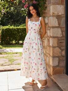 KARISMINA Lässiges, rückenfreies Sommerkleid mit Blumenmuster und Bindeband vorne – perfekt für Urlaub und Sommer. Auch als elegantes, romantisches Kleid für Hochzeitsgäste im Resort geeignet. Das gestufte Midikleid mit Blumenmuster und eckigem Ausschnitt ist ideal für Gartenpartys. Weißes Midikleid mit Blumenmuster und Bindeband am Rücken. Blumenmuster, Bindeband am Rücken, Sommer, Urlaub, Gartenparty - Weiss - Übersicht 4