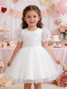 Glamorique Kids 女童花卉刺繡花瓣袖薄紗派對新娘花童禮服，優雅A字版花童禮服適用於生日、聚會，四季皆宜，兒童聖餐禮服、白色兒童禮服、花童公主裙、伴娘禮服、小新娘禮服、兒童茶會禮服、兒童聖餐舞會禮服、畢業禮服、夏季婚禮花童禮服 - 白色 - 查看 9