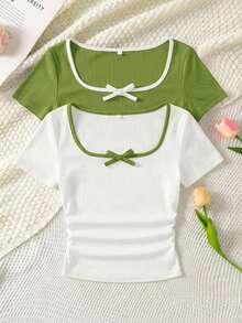 SHEIN 2pcs/Set Tween Girls' Casual Comfortable Contrast Stripe Bow Decor U-Neck Ruched Short Sleeve T-Shirt - Multicolor - View 3