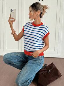 Siren Gaze Women's Striped Round Neck Contrast Color Patchwork Fashionable Versatile Knit Top, Suitable For Daily Commute - Multicolor - View 7