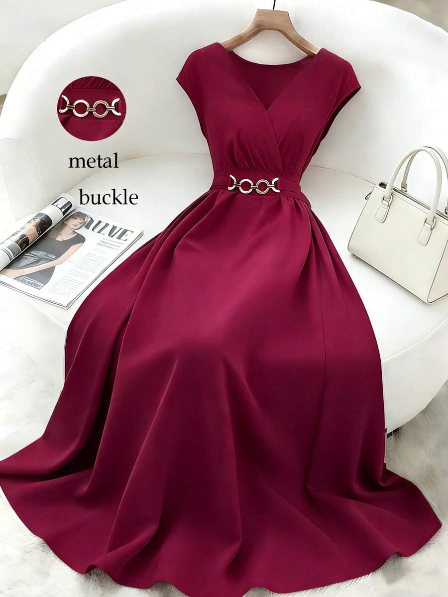 Franclia Vestido de mujer con cuello en V elegante, mangas tipo murciélago, cintura ceñida y bajo acampanado, color rojo cereza, para primavera/verano - Burdeos - Ver 1